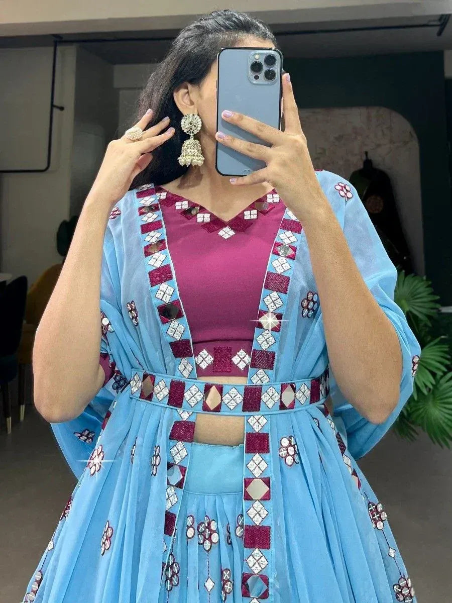 Blue and maroon embroidered lehenga choli with mirror work, perfect for Indian ethnic wear occasions