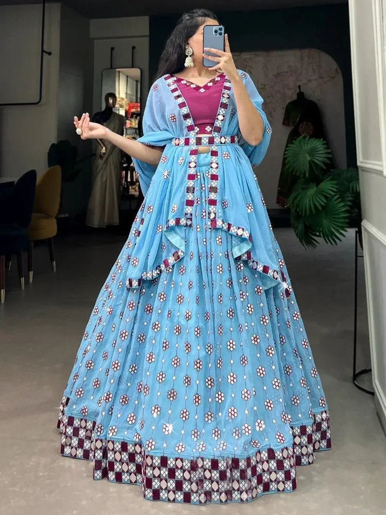 Marvelous Sky-Blue Mirror Work Georgette Designer Lehenga Choli
