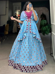 Marvelous Sky-Blue Mirror Work Georgette Designer Lehenga Choli