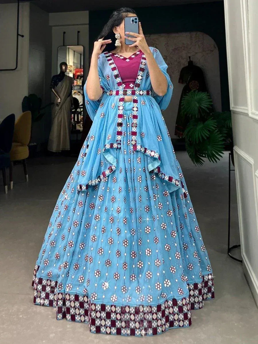 Blue printed lehenga choli with maroon accents, perfect for Indian ethnic wear and festive occasions.