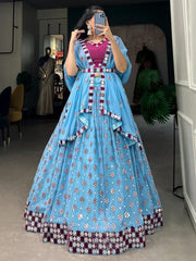 Marvelous Sky-Blue Mirror Work Georgette Designer Lehenga Choli