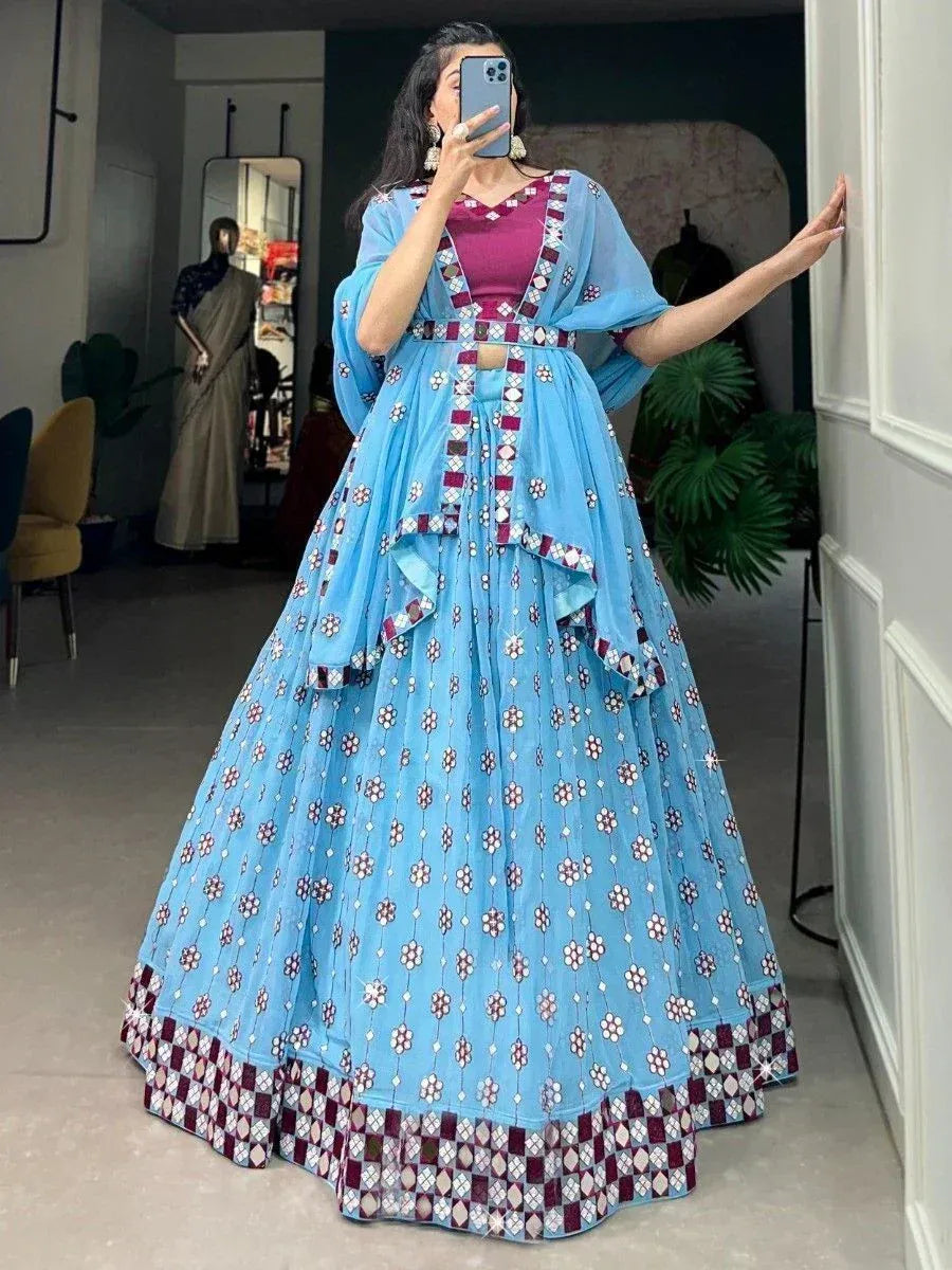 Blue printed lehenga choli with maroon border, ethnic Indian wear for women