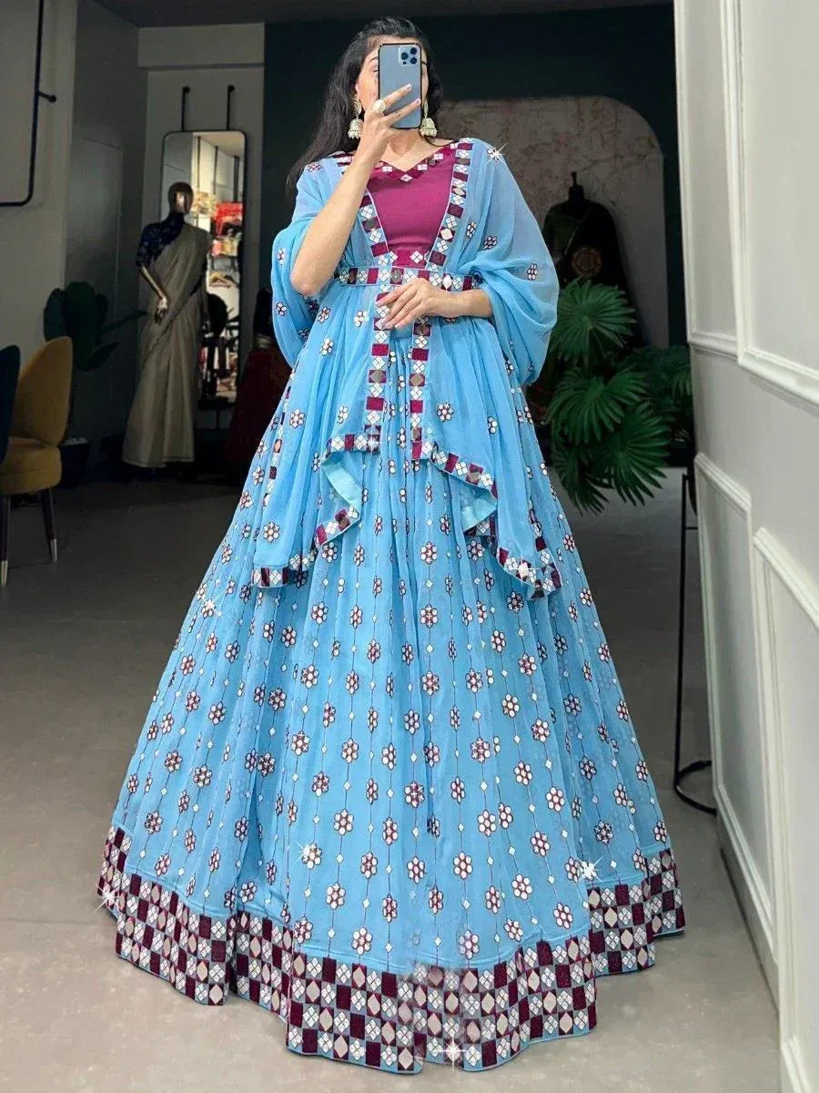 Blue printed lehenga choli with maroon blouse and dupatta, ethnic Indian wear for women