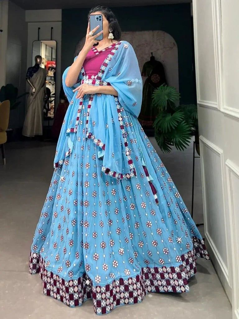 Marvelous Sky-Blue Mirror Work Georgette Designer Lehenga Choli