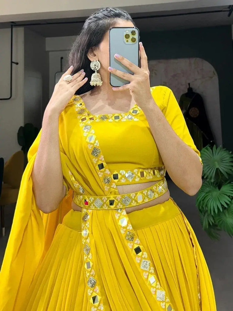 Beautiful Yellow Mirror Work Georgette Haldi Wear Lehenga Choli
