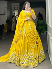 Beautiful Yellow Mirror Work Georgette Haldi Wear Lehenga Choli