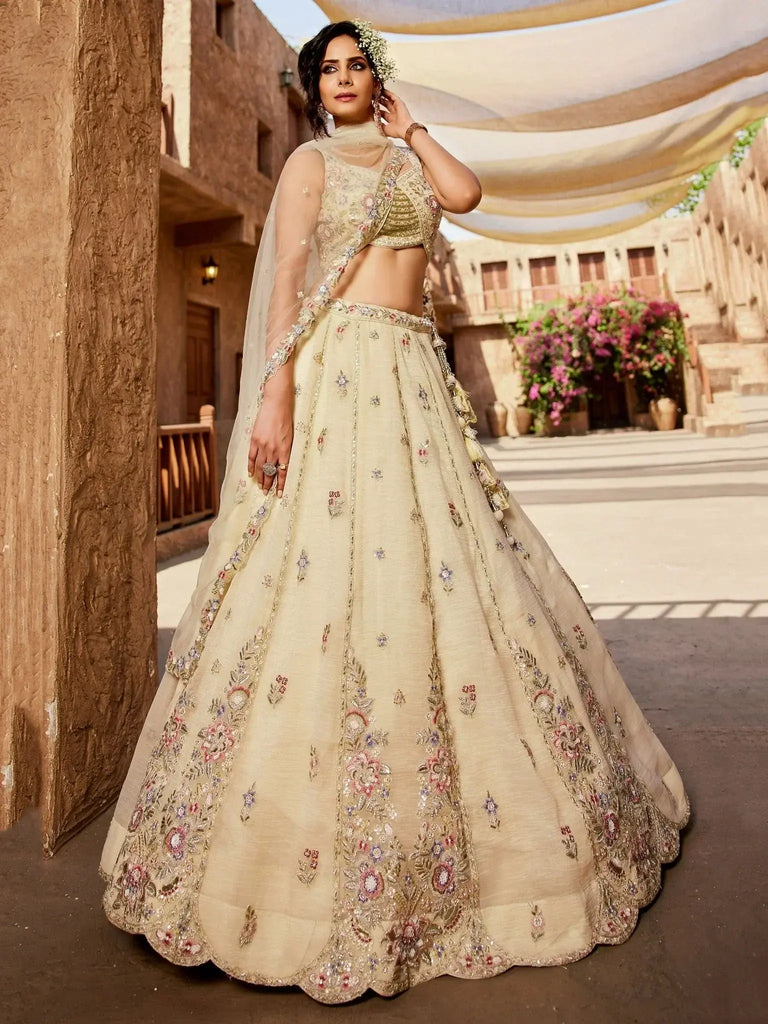 Lovable Cream Sequins Tissue Silk Pastel Lehenga Choli With Dupatta - Ethnic Plus In