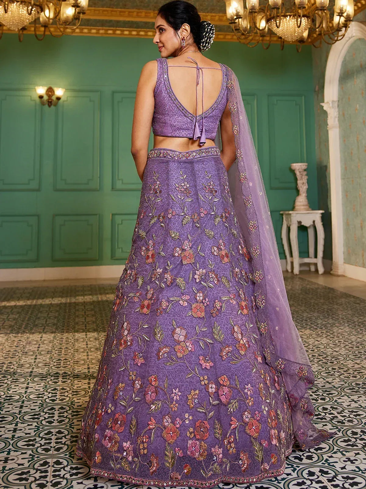 Purple floral embroidered lehenga choli with back tie blouse and dupatta, elegant Indian ethnic wear