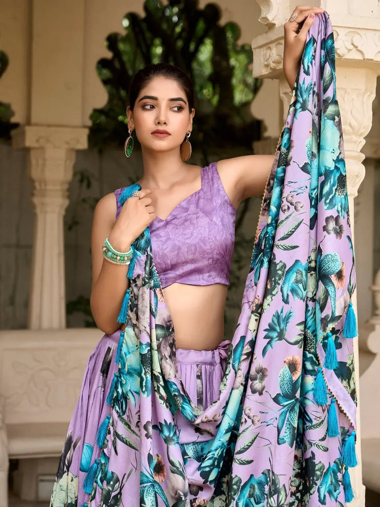 Lovable Lavender Floral Printed Silk Lehenga Choli With Dupatta - Ethnic Plus In