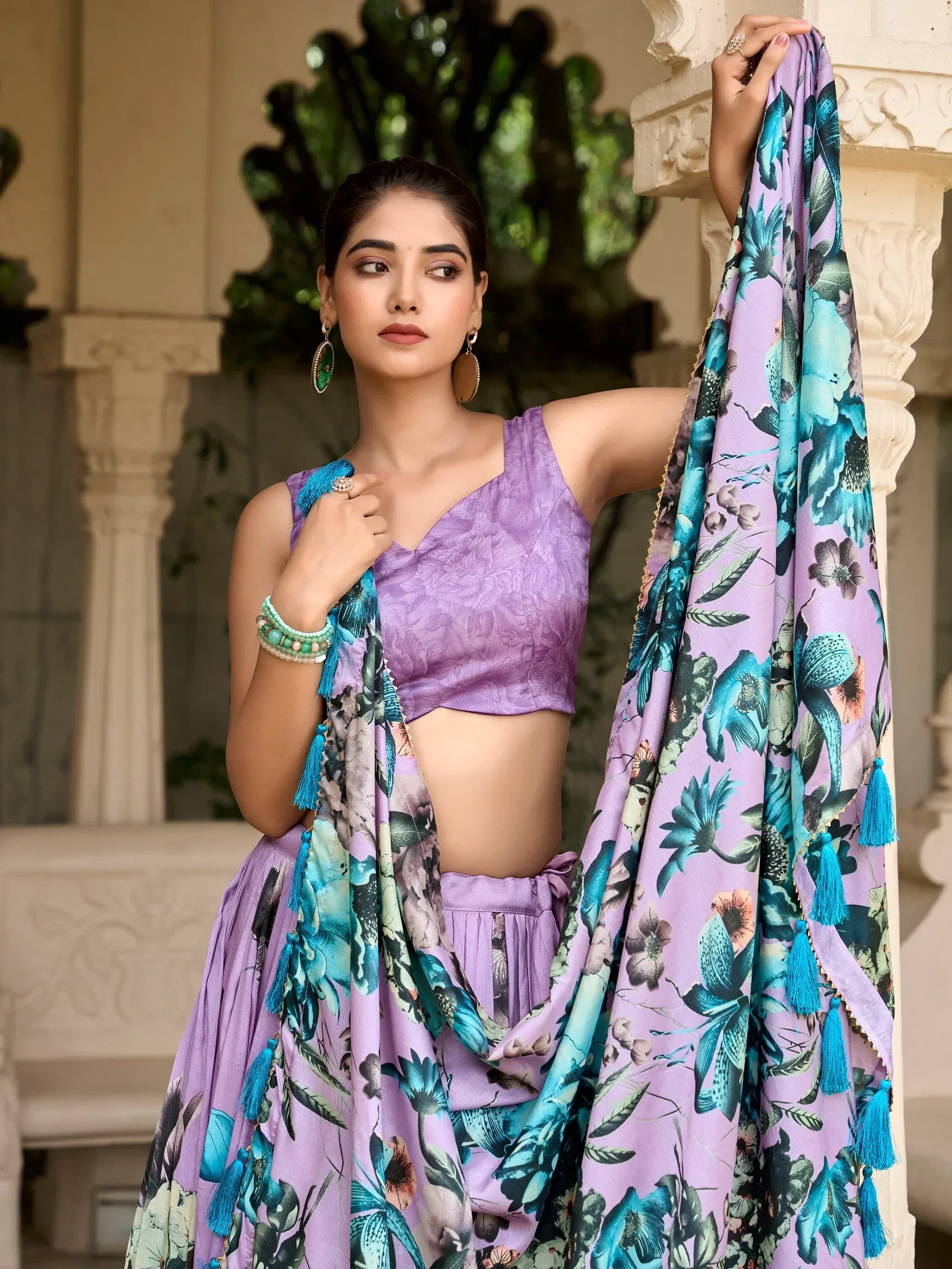 Purple floral lehenga choli with blue tassels, Indian ethnic wear for women