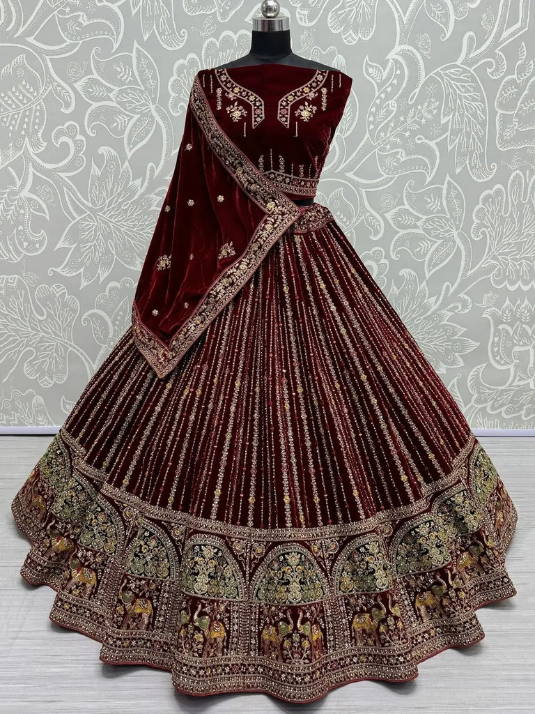Lovable Maroon Velvet Bridal Lehenga Choli With Dupatta - Ethnic Plus In