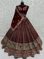 Lovable Maroon Velvet Bridal Lehenga Choli With Dupatta - Ethnic Plus In