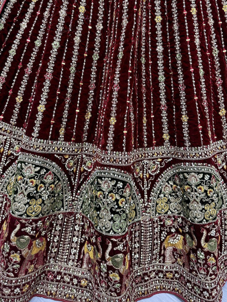Lovable Maroon Velvet Bridal Lehenga Choli With Dupatta - Ethnic Plus In