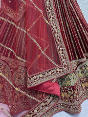 Lovable Maroon Velvet Bridal Lehenga Choli With Dupatta - Ethnic Plus In