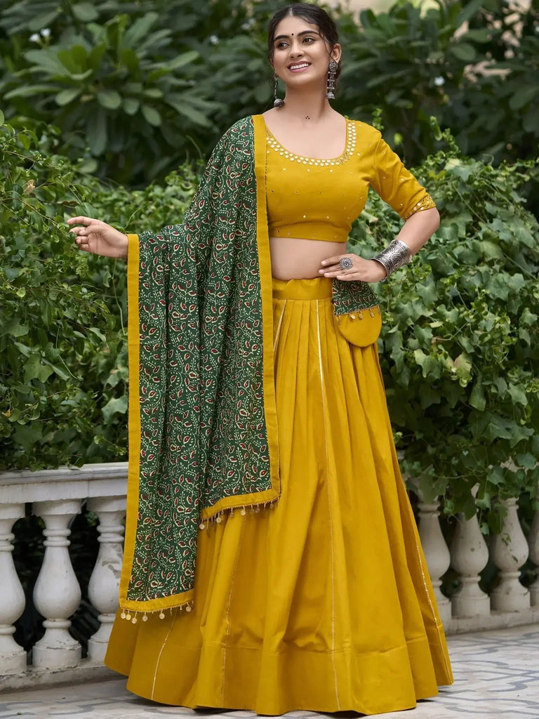 Lovable Mustard Mirror Work Navratri Wear Lehenga Choli With Dupatta - Ethnic Plus In