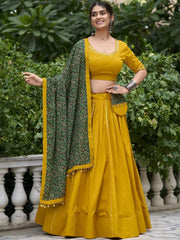 Lovable Mustard Mirror Work Navratri Wear Lehenga Choli With Dupatta - Ethnic Plus In