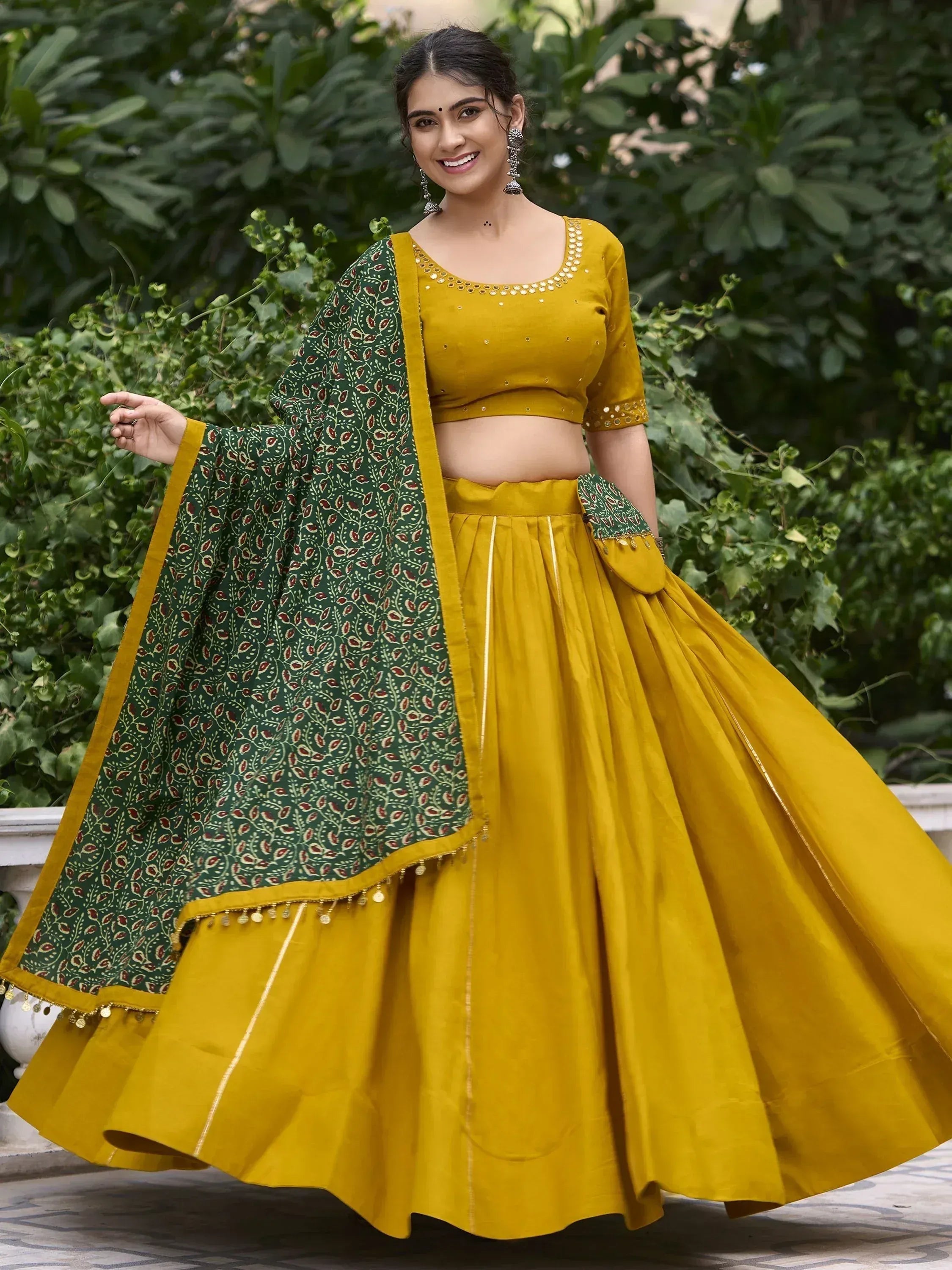 Mustard yellow lehenga choli with green printed dupatta, ethnic Indian wear for women