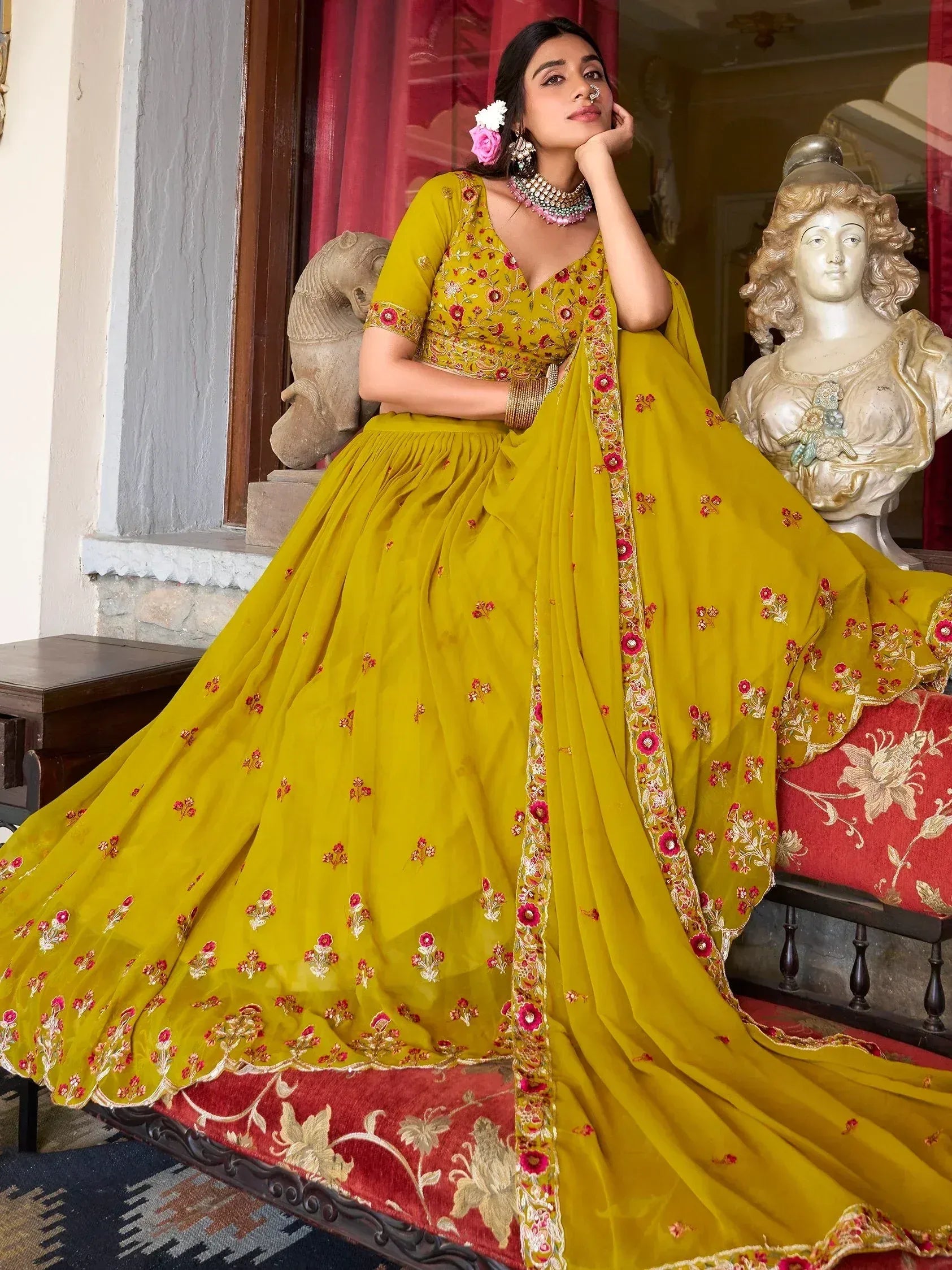 Yellow floral embroidered lehenga choli with dupatta, Indian ethnic wear for women