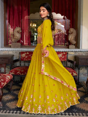 Lovable Mustard Yellow Embroidered Georgette Haldi Wear Lehenga Choli - Ethnic Plus In