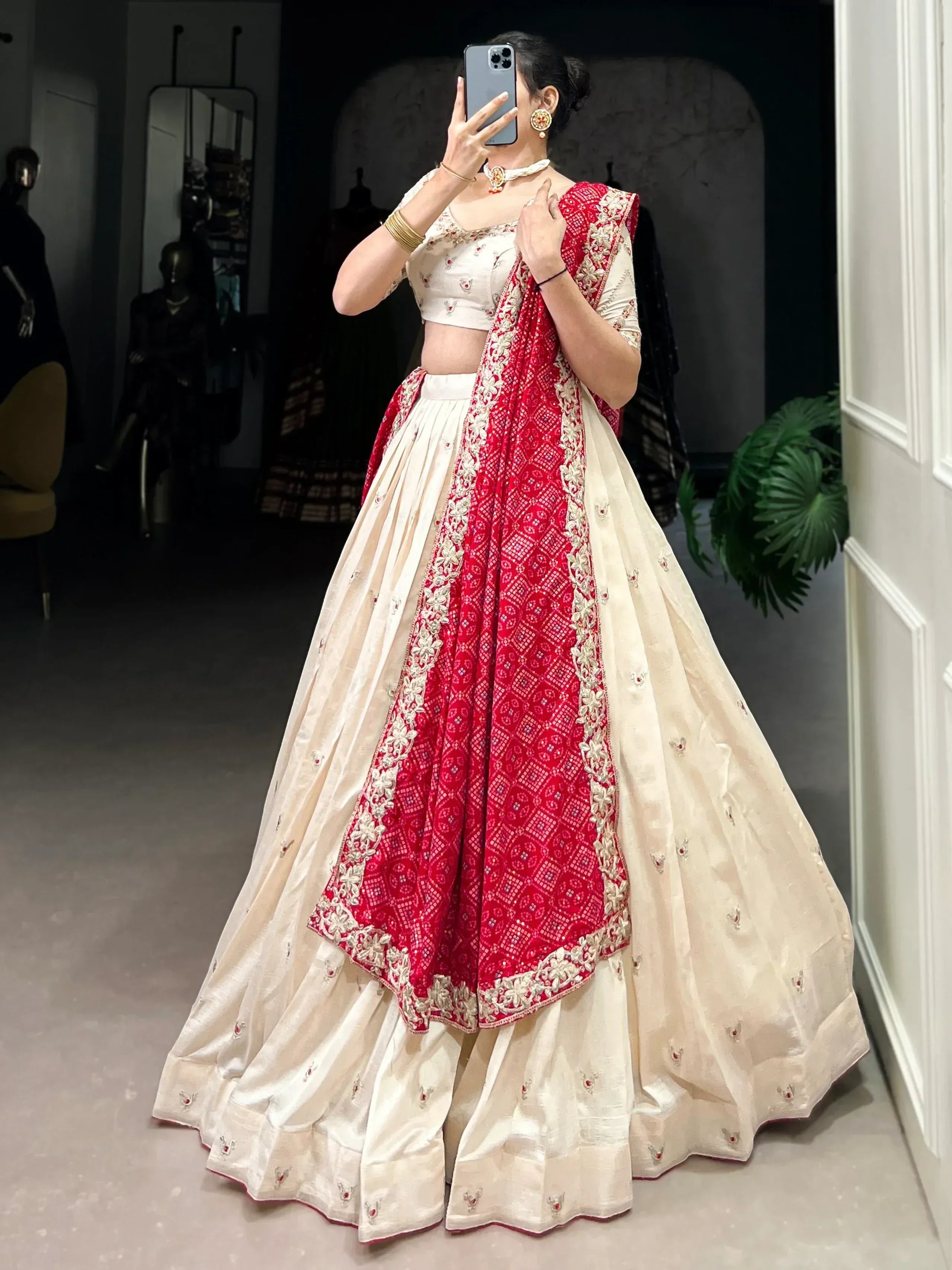 Cream and red embroidered lehenga choli with floral dupatta, Indian ethnic wear for weddings