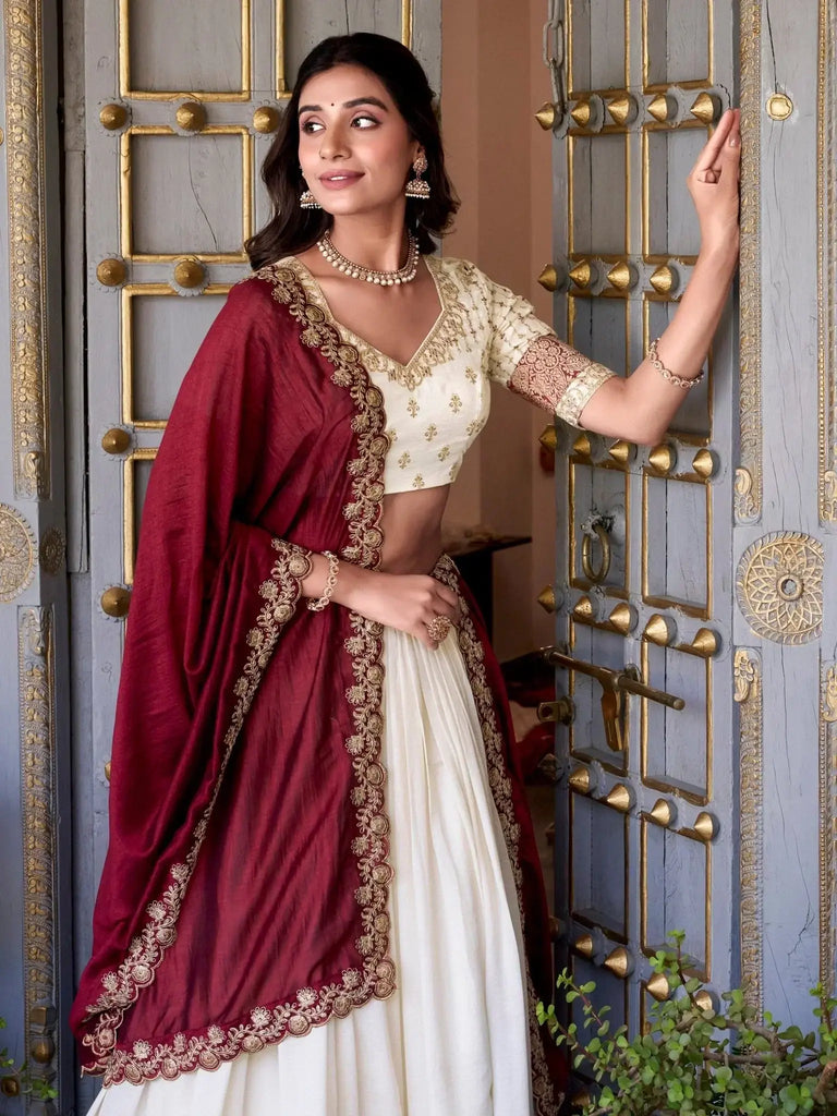 Lovable Off - White Zari Weaving Border Vichitra Silk Half Saree Lehenga - Ethnic Plus In