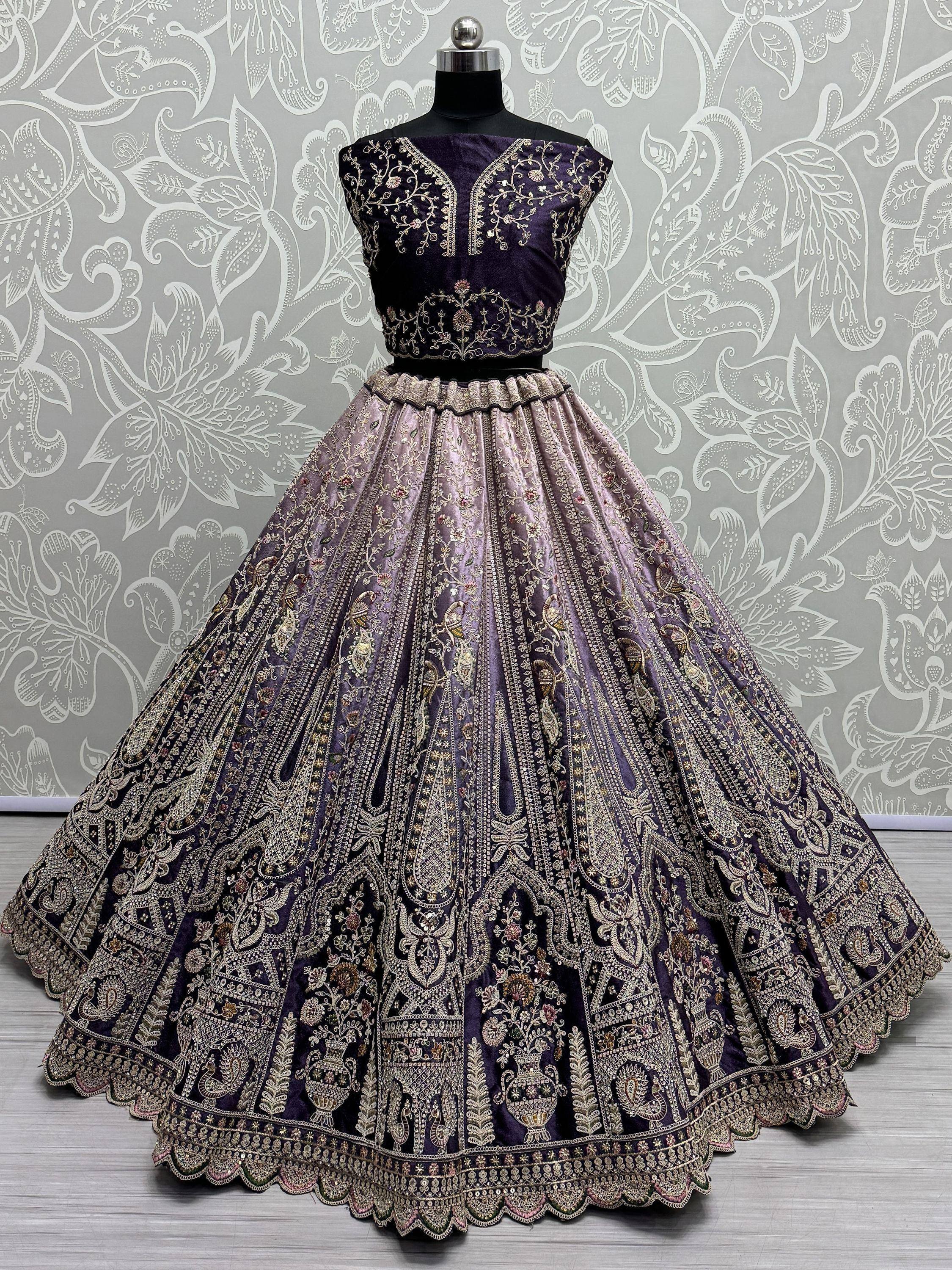 Purple velvet lehenga choli with gold embroidery, designer Indian ethnic wear for weddings