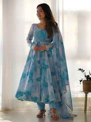 Lovable Sky Blue Digital Printed Organza Anarkali Suit - Ethnic Plus In