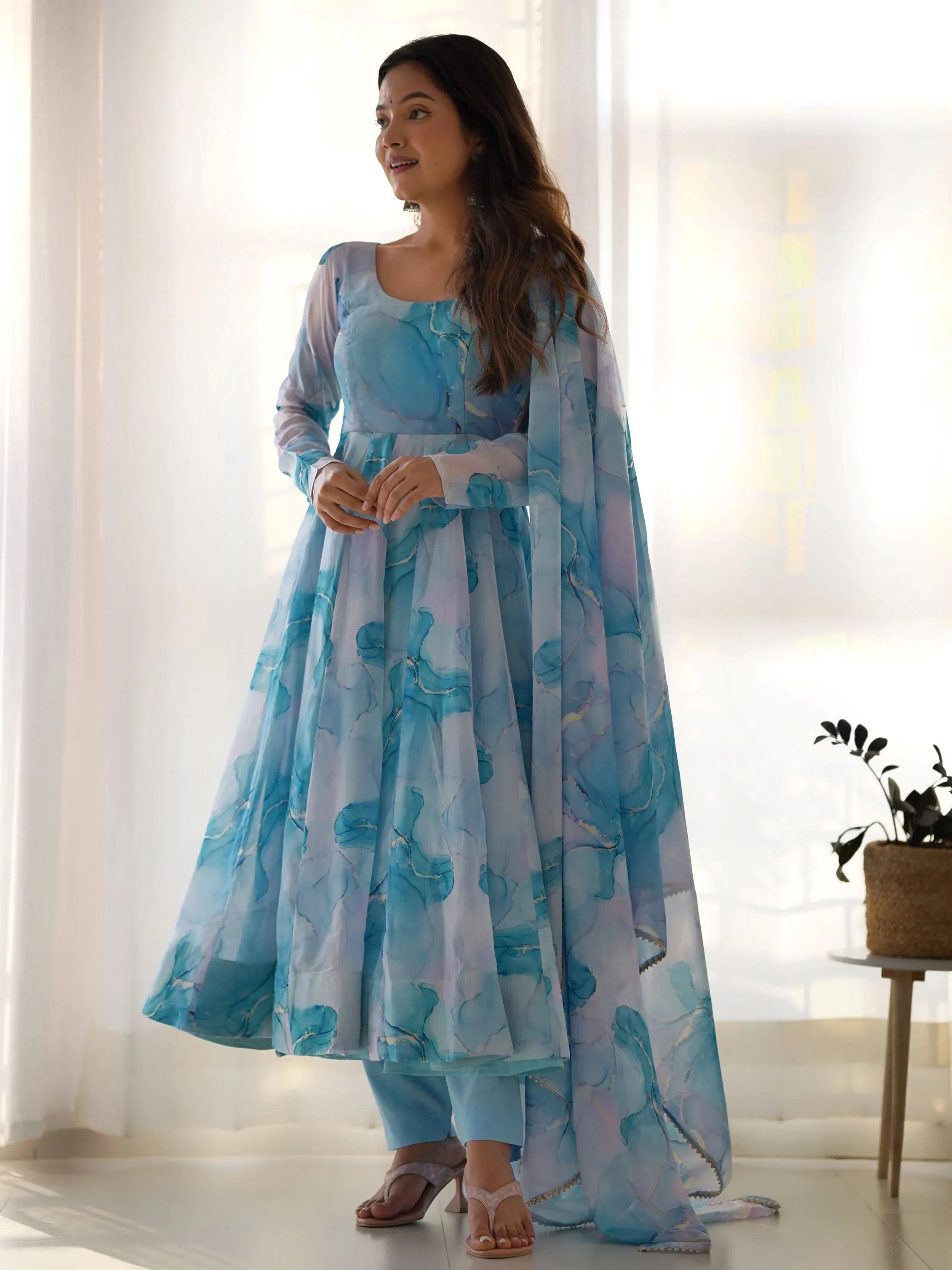 Lovable Sky Blue Digital Printed Organza Anarkali Suit - Ethnic Plus In