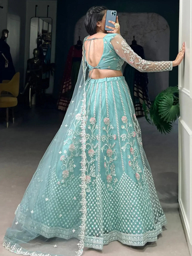 Lovable Sky Blue Thread Embroidered Net Engagement Wear Lehenga Choli - Ethnic Plus In