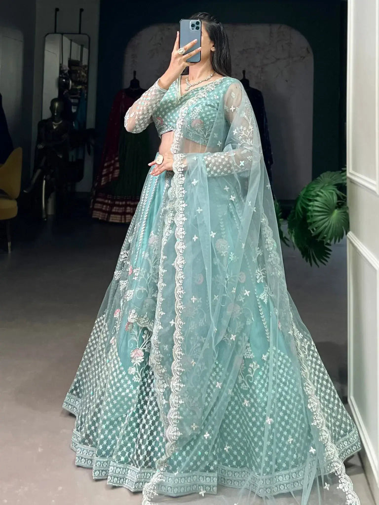 Lovable Sky Blue Thread Embroidered Net Engagement Wear Lehenga Choli - Ethnic Plus In