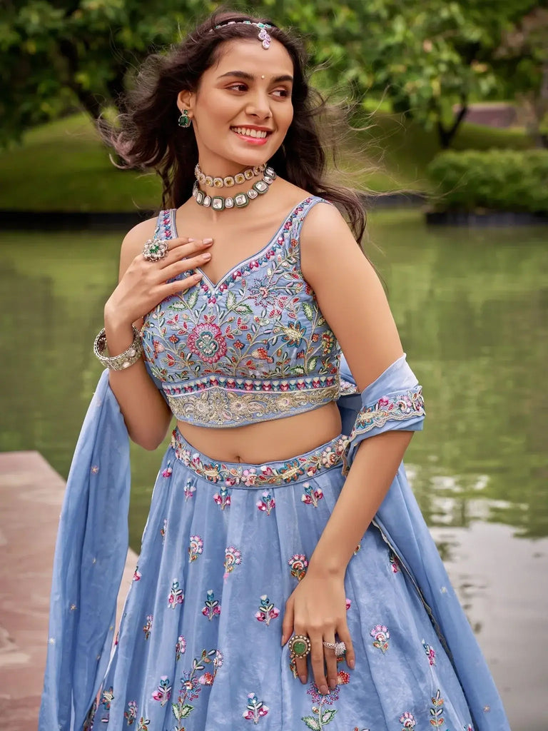 Lovable Turquoise Blue Thread Work Organza Wedding Wear Lehenga Choli - Ethnic Plus In