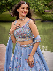 Lovable Turquoise Blue Thread Work Organza Wedding Wear Lehenga Choli - Ethnic Plus In