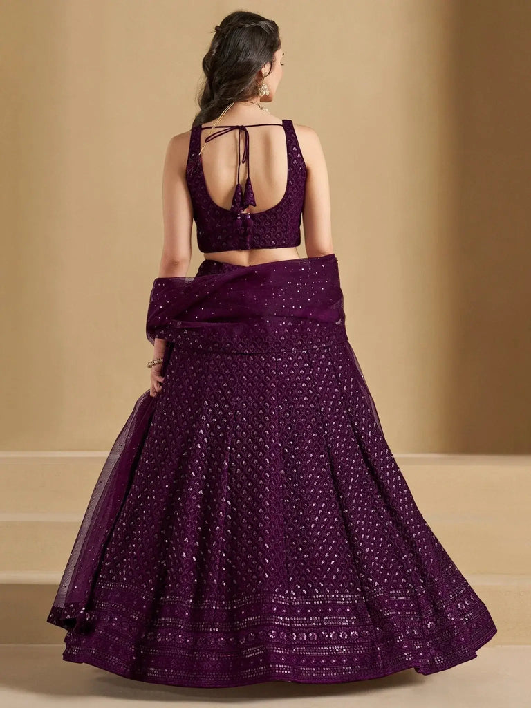 Lovable Wine Thread Embroidery Georgette Reception Wear Lehenga Choli - Ethnic Plus In