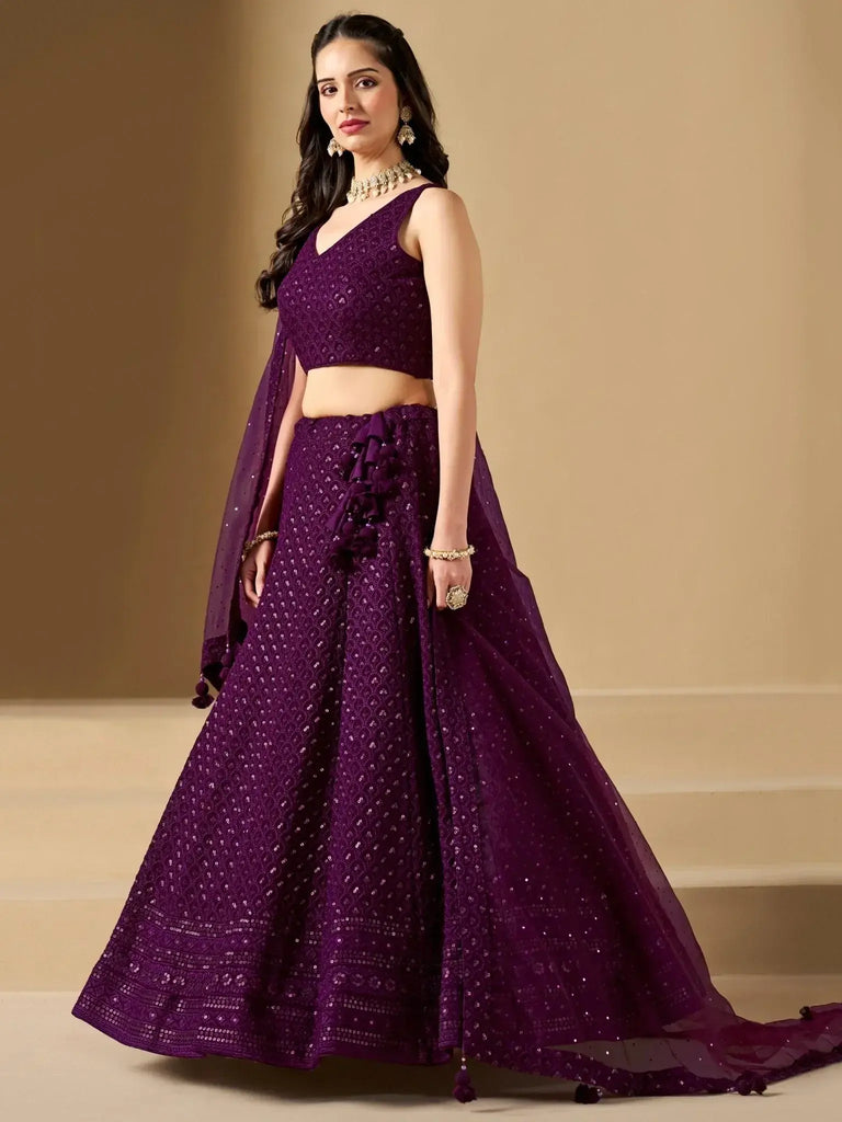 Lovable Wine Thread Embroidery Georgette Reception Wear Lehenga Choli - Ethnic Plus In