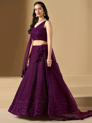 Lovable Wine Thread Embroidery Georgette Reception Wear Lehenga Choli - Ethnic Plus In
