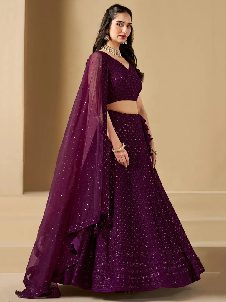 Lovable Wine Thread Embroidery Georgette Reception Wear Lehenga Choli - Ethnic Plus In