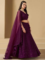 Lovable Wine Thread Embroidery Georgette Reception Wear Lehenga Choli - Ethnic Plus In
