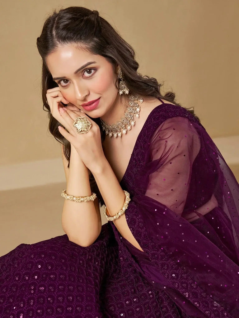 Lovable Wine Thread Embroidery Georgette Reception Wear Lehenga Choli - Ethnic Plus In