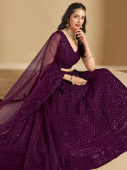 Lovable Wine Thread Embroidery Georgette Reception Wear Lehenga Choli - Ethnic Plus In
