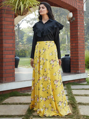 Lovable Yellow Floral Printed Crepe Party Wear Crop Top Lehenga - Ethnic Plus In