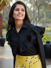 Lovable Yellow Floral Printed Crepe Party Wear Crop Top Lehenga - Ethnic Plus In