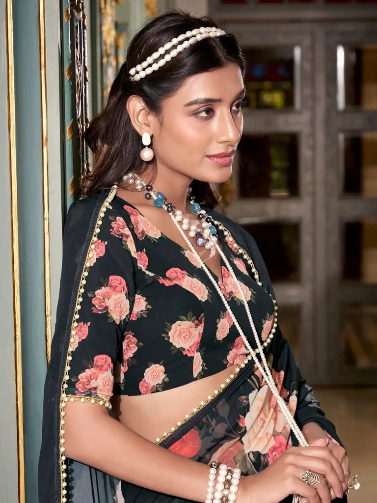 Lovely Black Floral Printed Saree With Blouse - Ethnic Plus In