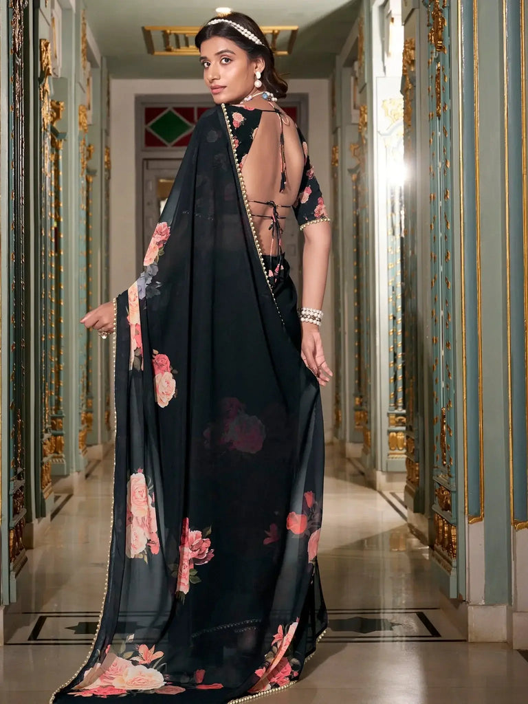 Lovely Black Floral Printed Saree With Blouse - Ethnic Plus In