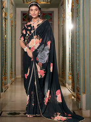 Lovely Black Floral Printed Saree With Blouse - Ethnic Plus In