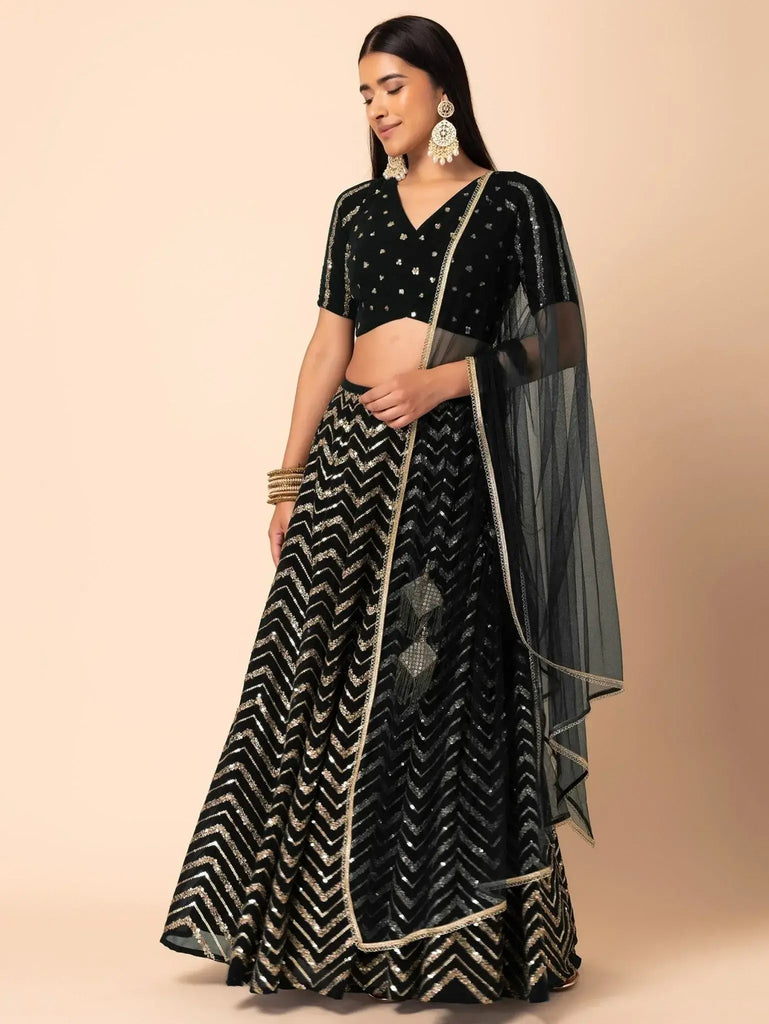 Lovely Black Zari Embroidered Georgette Reception Wear Lehenga Choli - Ethnic Plus In