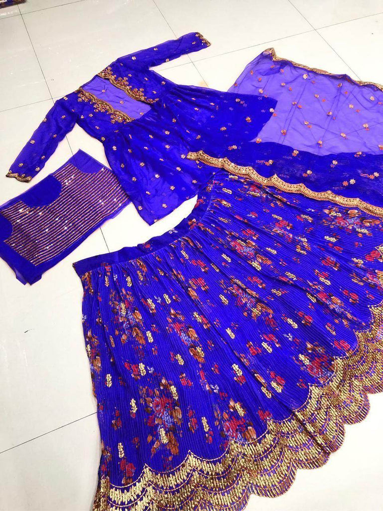Lovely Blue Floral Printed Georgette Designer Lehenga Choli With Jacket - Ethnic Plus In