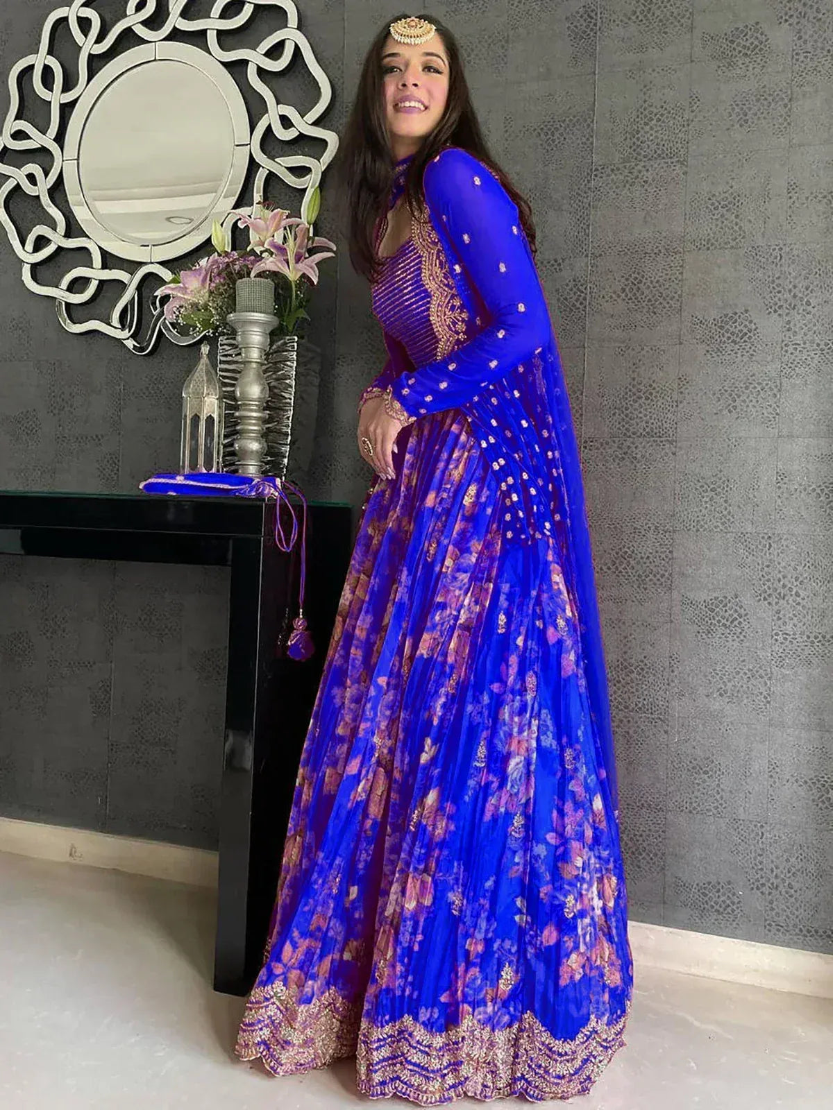 Royal blue floral lehenga choli with gold embroidery, perfect for Indian ethnic occasions