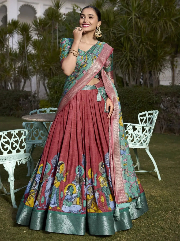 Lovely Coral Red Kalamkari Printed Dola Silk Onam Special Lehenga Choli - Ethnic Plus In