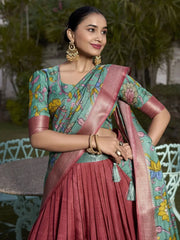 Lovely Coral Red Kalamkari Printed Dola Silk Onam Special Lehenga Choli - Ethnic Plus In