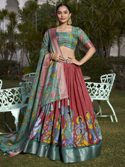 Lovely Coral Red Kalamkari Printed Dola Silk Onam Special Lehenga Choli - Ethnic Plus In